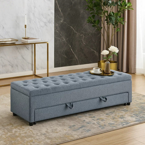 Kenny Ottoman | Underseat Drawer | Gray Button Tufted Boucle 60"