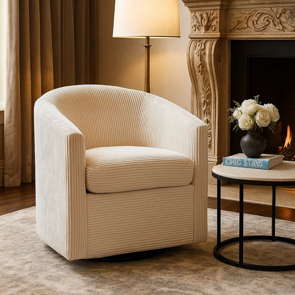 Celina Swivel Chair w Barrel Style Curved Back | Beige Corduroy