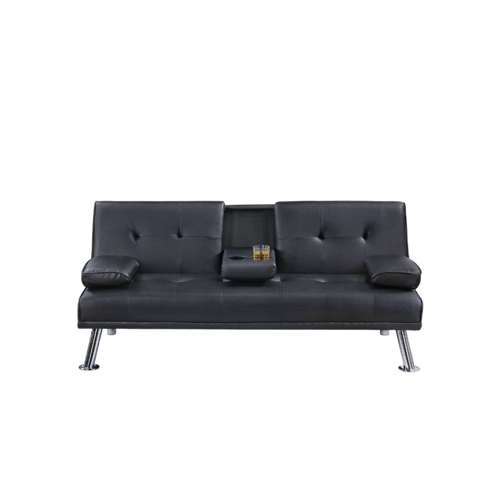 Gary Convertible Sofa w Fold-Down Table | Metal | Black Faux Leather