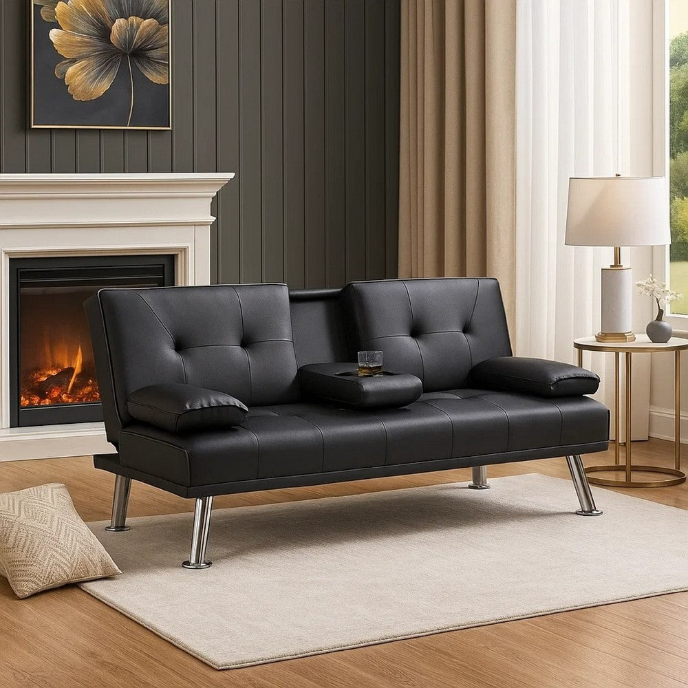 Gary Convertible Sofa w Fold-Down Table | Metal | Black Faux Leather