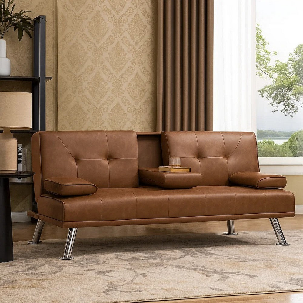 Gary Convertible Sofa w Fold-Down Table | Metal | Brown Faux Leather