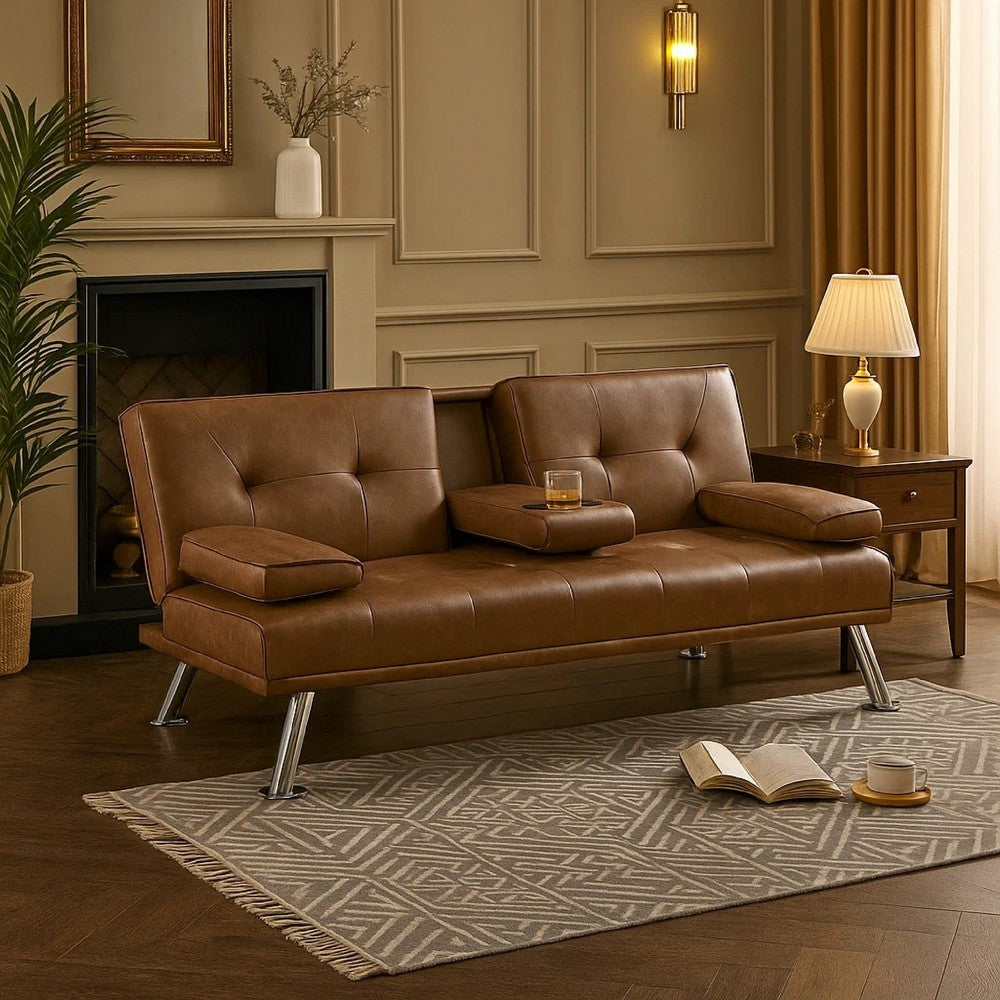 Gary Convertible Sofa w Fold-Down Table | Metal | Brown Faux Leather