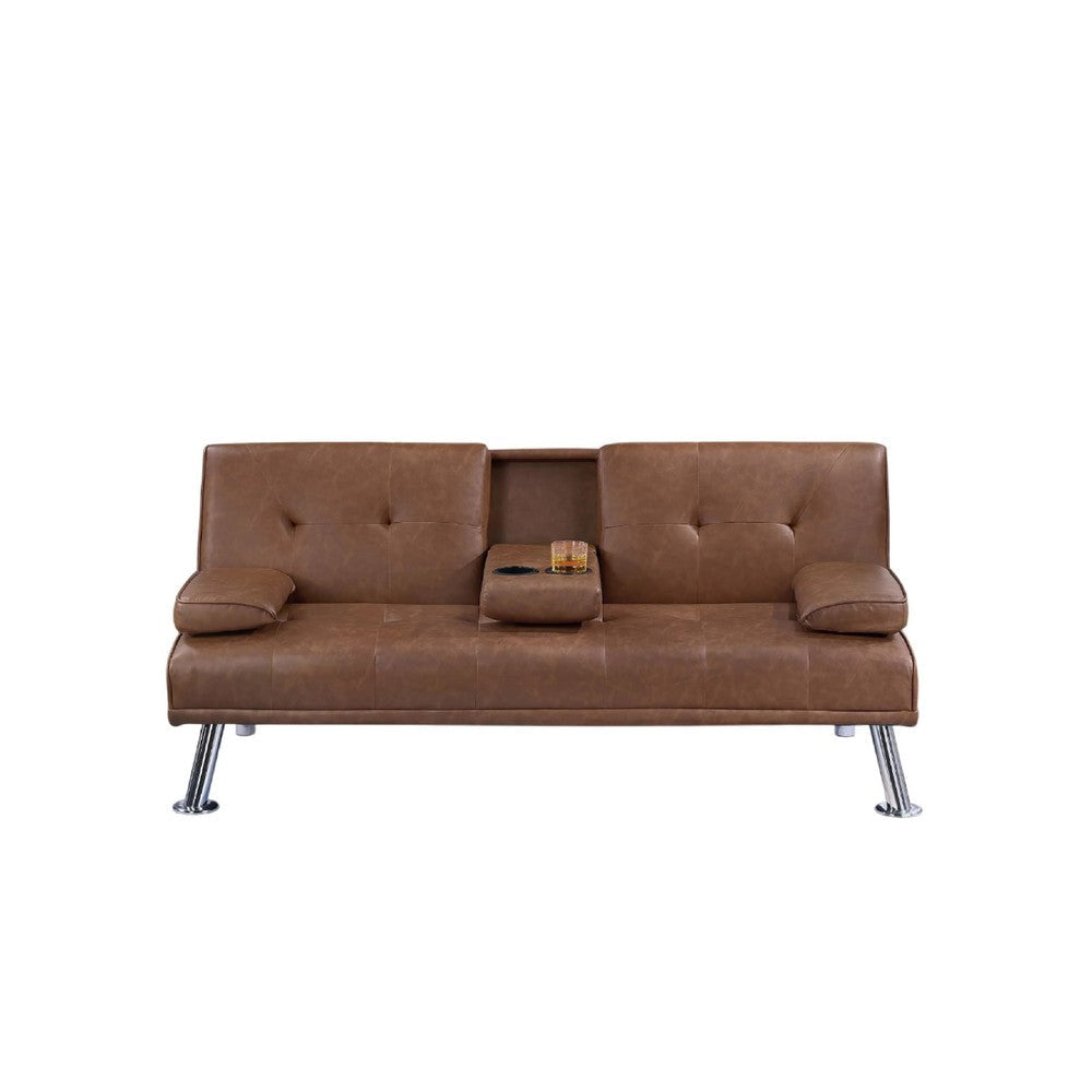 Gary Convertible Sofa w Fold-Down Table | Metal | Brown Faux Leather