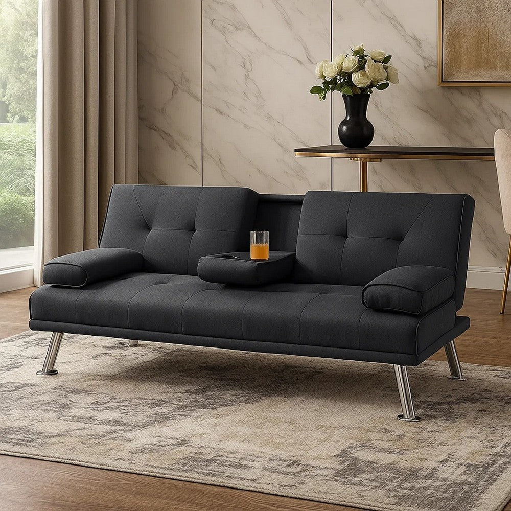Gary Convertible Sofa w Fold-Down Table | Metal Legs | Black Fabric