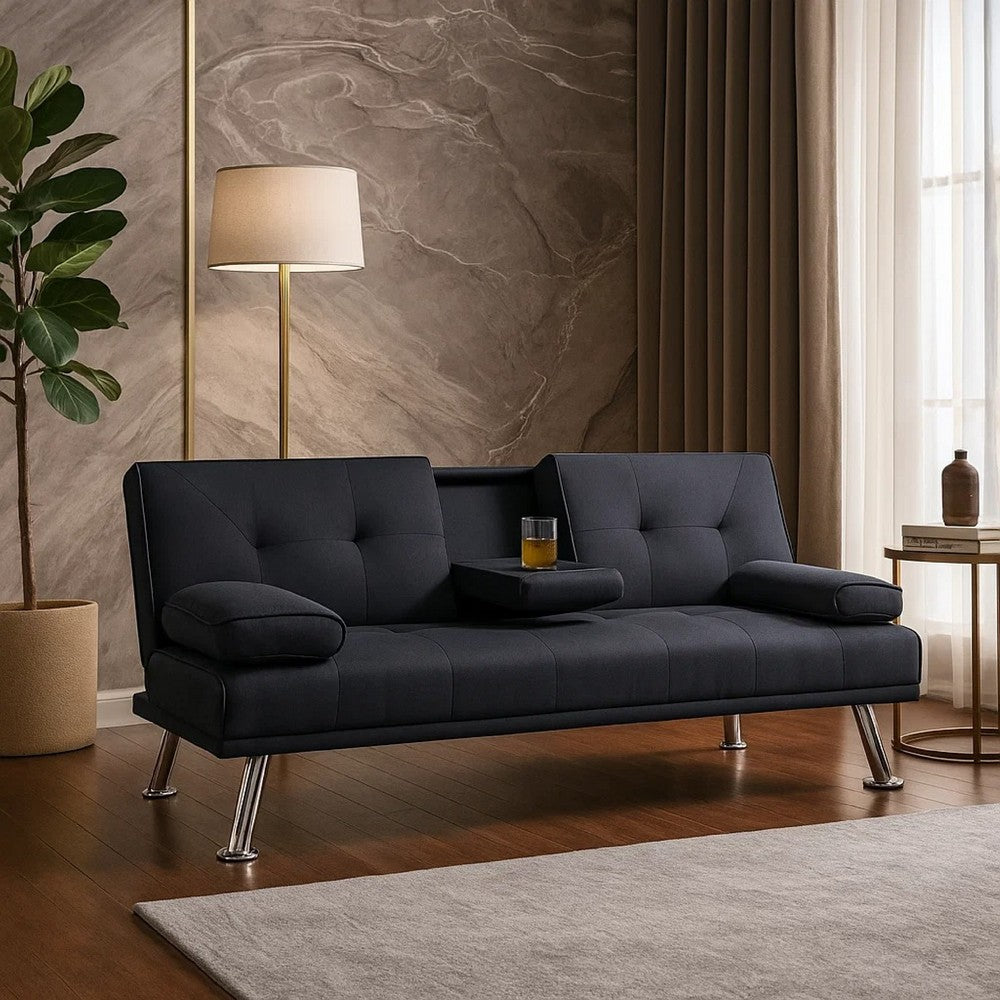 Gary Convertible Sofa w Fold-Down Table | Metal Legs | Black Fabric