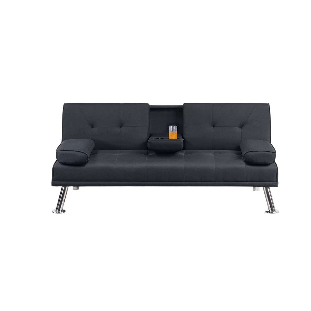 Gary Convertible Sofa w Fold-Down Table | Metal Legs | Black Fabric