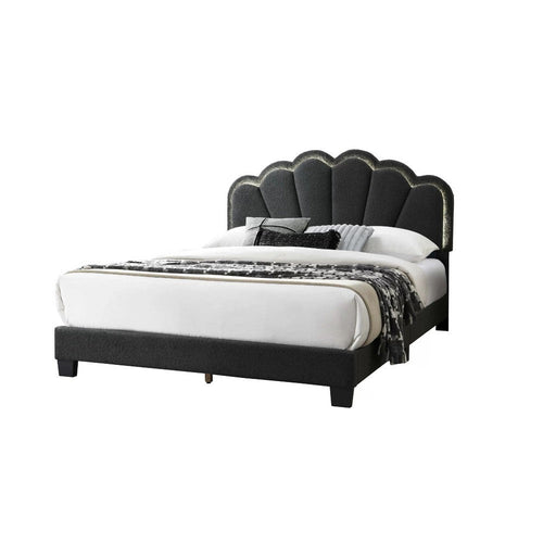 Madsy Full Bed | Gray Upholstered Fan-Shaped Headboard | Metallic Accents