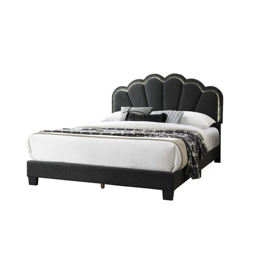 Madsy Full Bed | Gray Upholstered Fan-Shaped Headboard | Metallic Accents