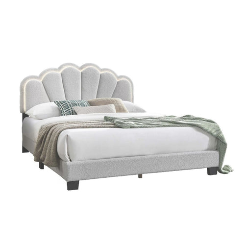 Madsy Full Bed | White Upholstered Fan-Shaped Headboard | Metallic Accents