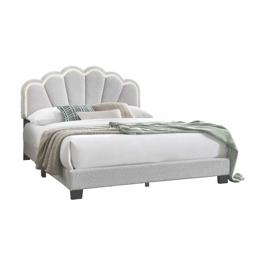 Madsy Full Bed | White Upholstered Fan-Shaped Headboard | Metallic Accents