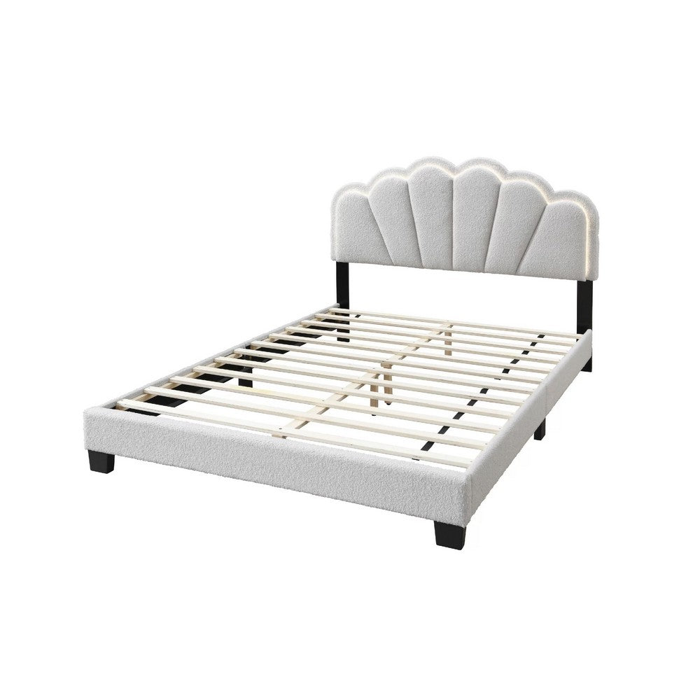Madsy Full Bed | White Upholstered Fan-Shaped Headboard | Metallic Accents