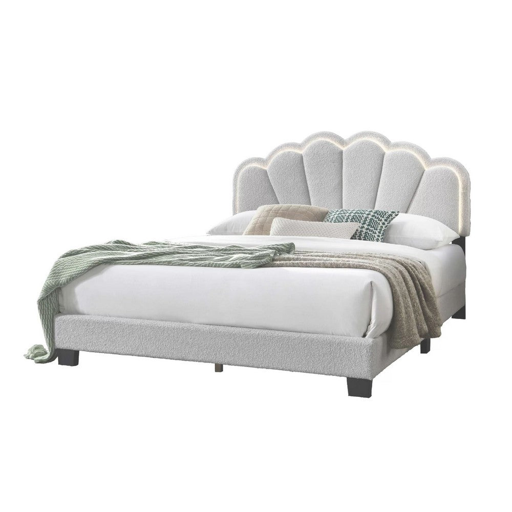 Madsy Full Bed | White Upholstered Fan-Shaped Headboard | Metallic Accents