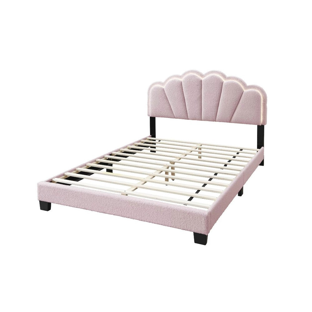 Madsy Full Bed | Pink Upholstered Fan-Shaped Headboard | Metallic Accents