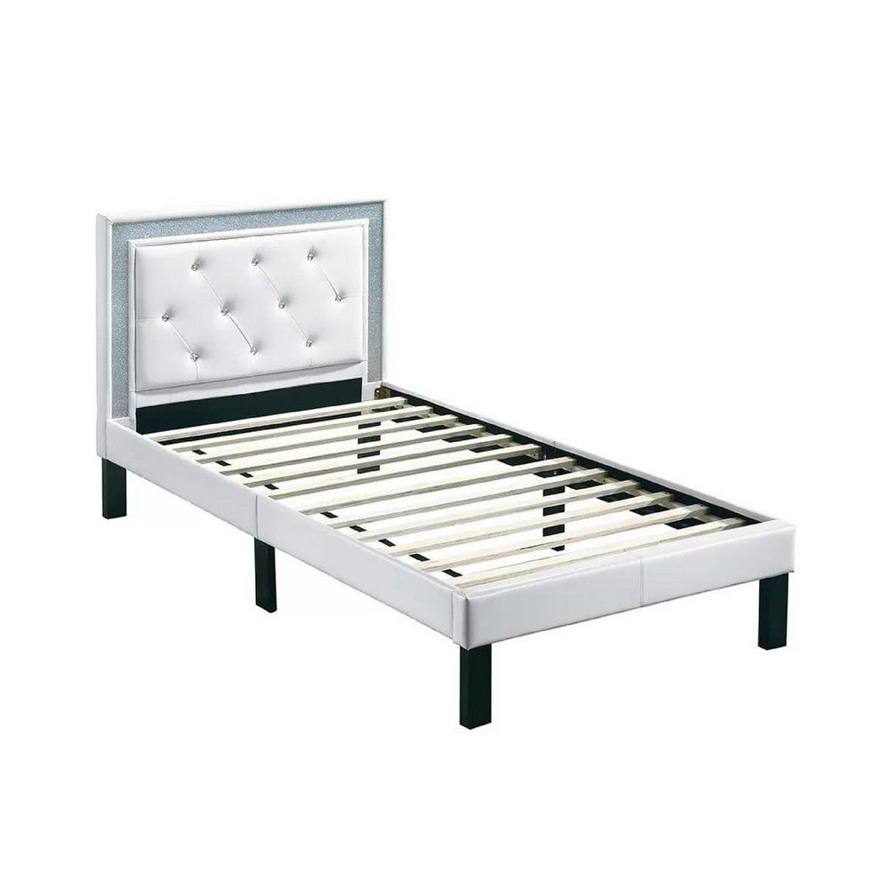 Mannie Twin Bed w Silver Trim | White Button Tufted Faux-Leather
