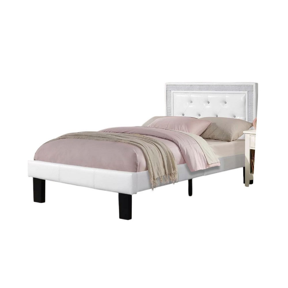 Mannie Twin Bed w Silver Trim | White Button Tufted Faux-Leather