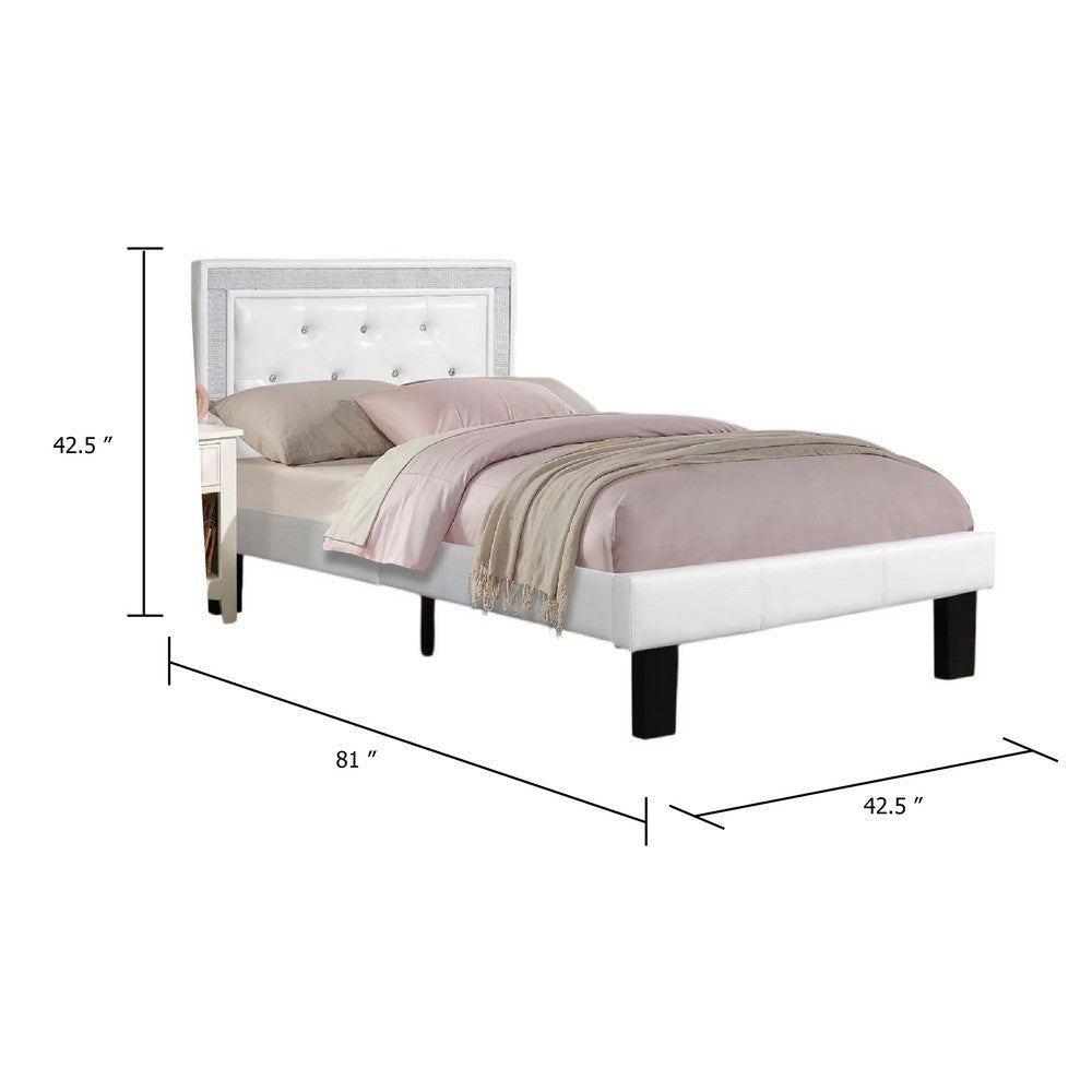Mannie Twin Bed w Silver Trim | White Button Tufted Faux-Leather BM341066