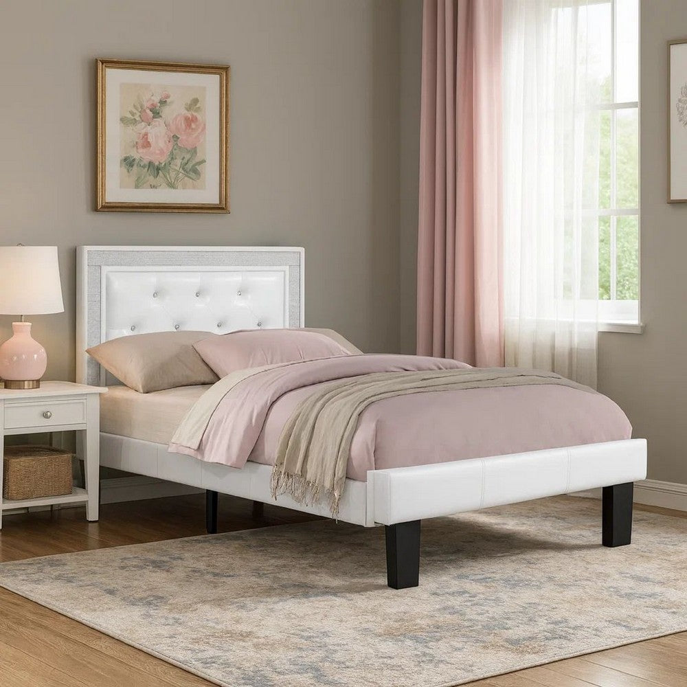 Mannie Twin Bed w Silver Trim | White Button Tufted Faux-Leather