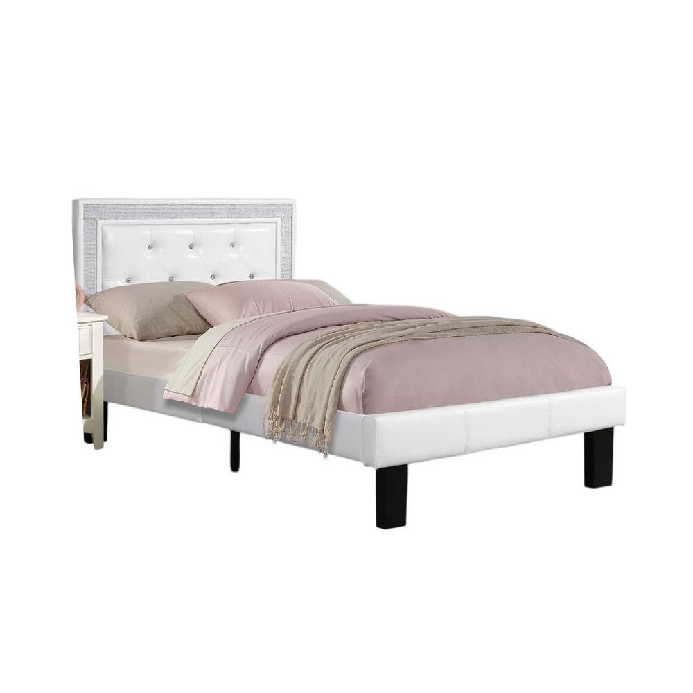 Mannie Twin Bed w Silver Trim | White Button Tufted Faux-Leather