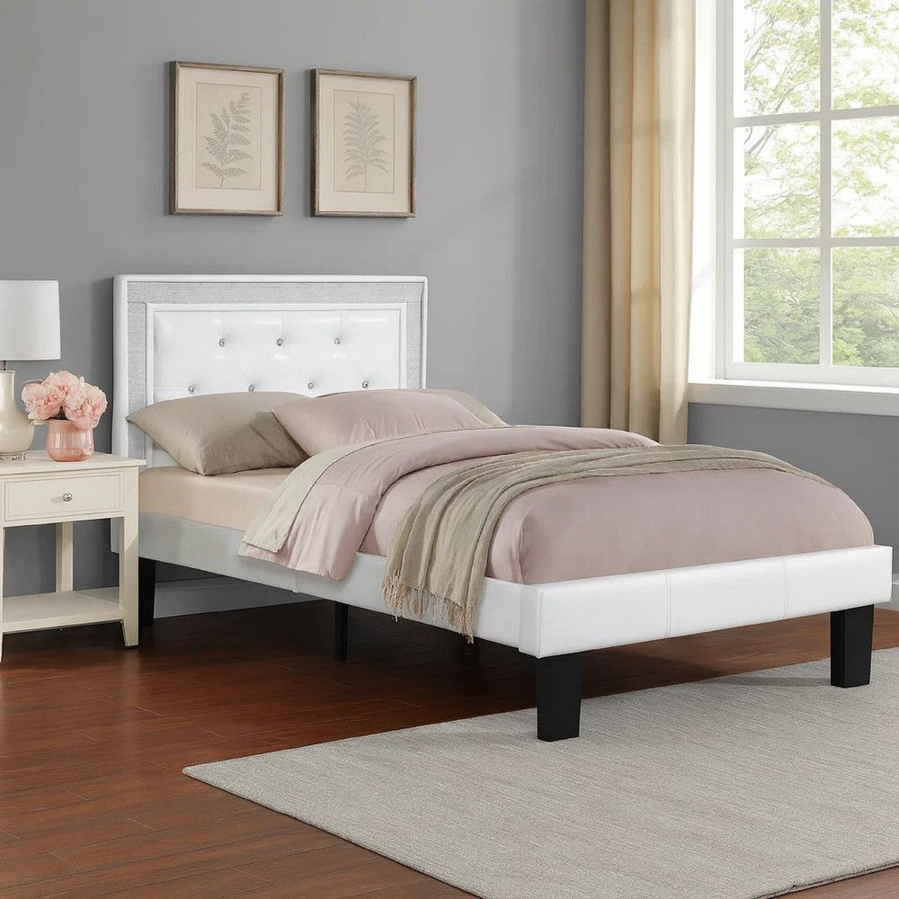 Mannie Twin Bed w Silver Trim | White Button Tufted Faux-Leather