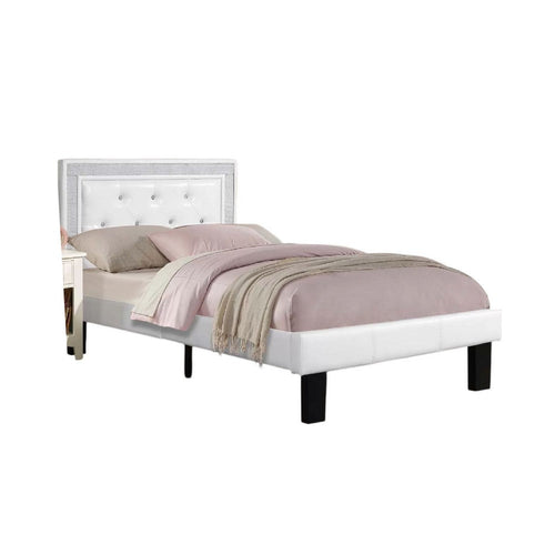 Mannie Twin Bed w Silver Trim | White Button Tufted Faux-Leather