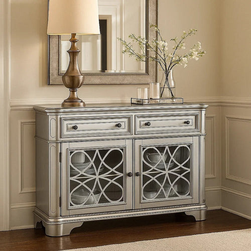 Garry Sideboard Buffet Console | 2 Drawers | Cabinets | Silver Wood | 56"