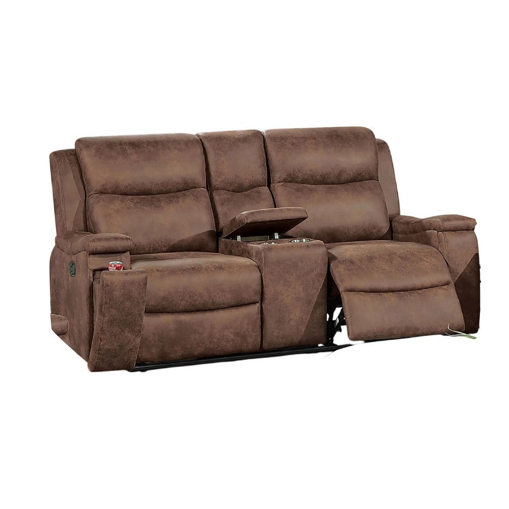 Verra Reclining Loveseat | Console | Cupholders | Brown Faux Leather | 71"