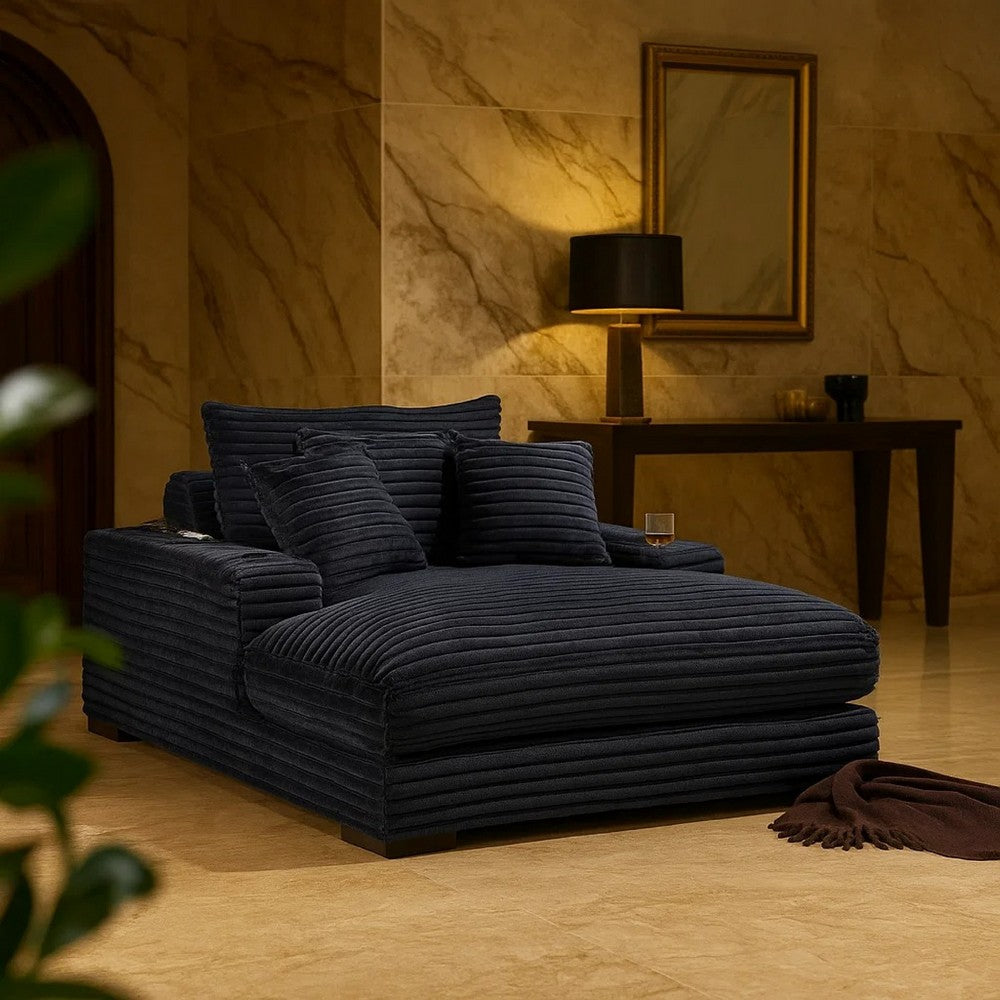 Terra Chaise Lounger | Cup Holder & USB Ports | Black Corduroy Fabric