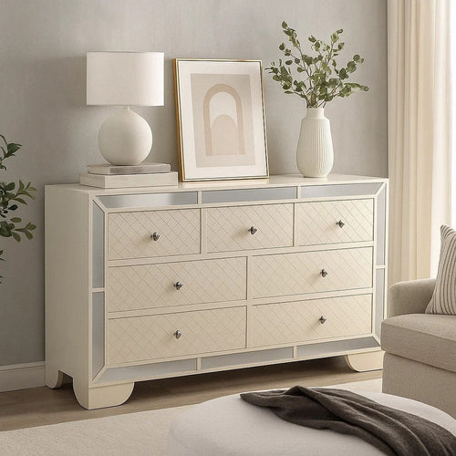 Athon Wide Dresser w 7 Drawers | Diamond Patterns | Ivory Wood