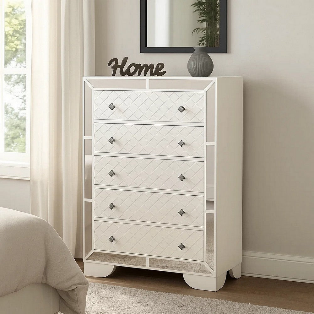 Athon Tall Dresser Chest w 5 Drawers | Diamond Patterns | Ivory Wood