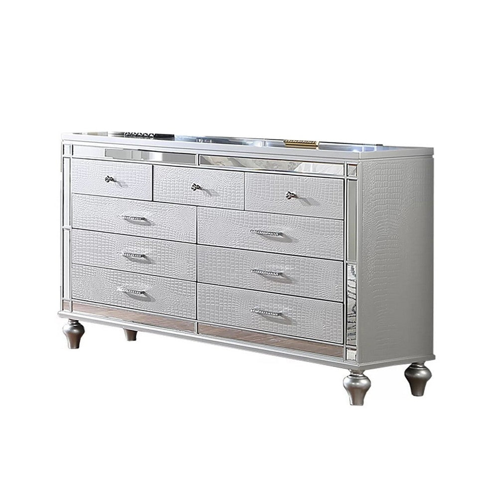 Bailey Wide Dresser | Mirror Trim & 9 Drawers | Silver Wood BM341082