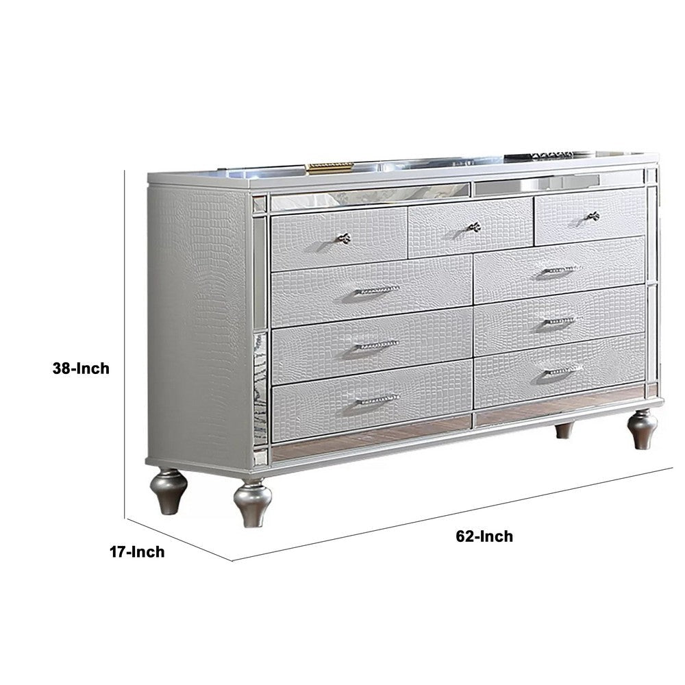 Bailey Wide Dresser | Mirror Trim & 9 Drawers | Silver Wood BM341082