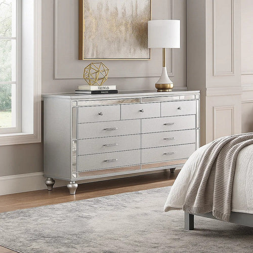 Bailey Wide Dresser | Mirror Trim & 9 Drawers | Silver Wood