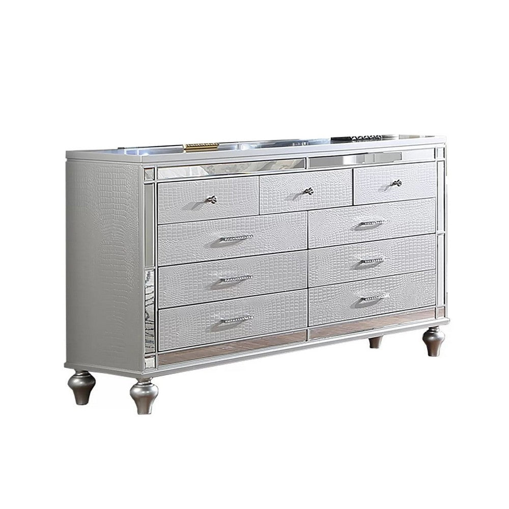 Bailey Wide Dresser | Mirror Trim & 9 Drawers | Silver Wood BM341082