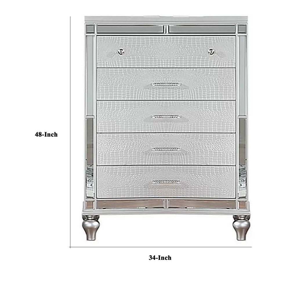 Bailey Tall Dresser Chest | Mirror Trim & 5 Drawers | Silver Wood BM341083