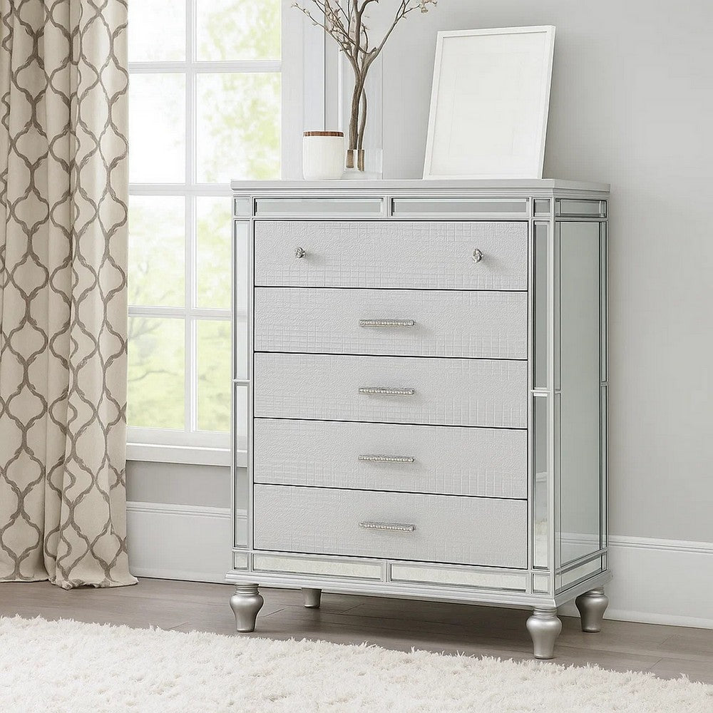 Bailey Tall Dresser Chest | Mirror Trim & 5 Drawers | Silver Wood BM341083