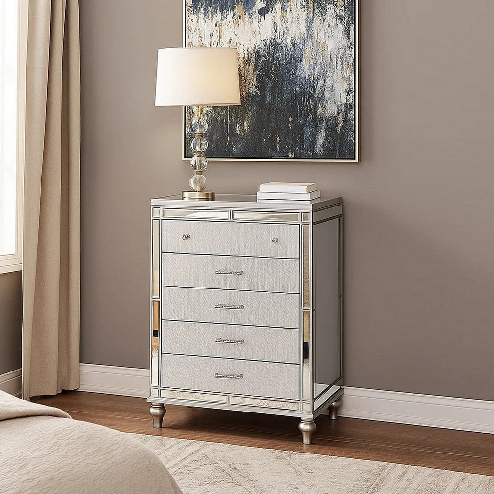Bailey Tall Dresser Chest | Mirror Trim & 5 Drawers | Silver Wood
