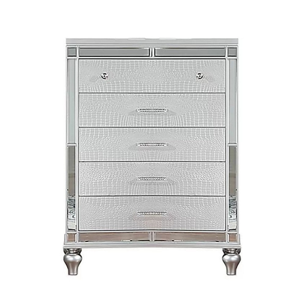 Bailey Tall Dresser Chest | Mirror Trim & 5 Drawers | Silver Wood BM341083