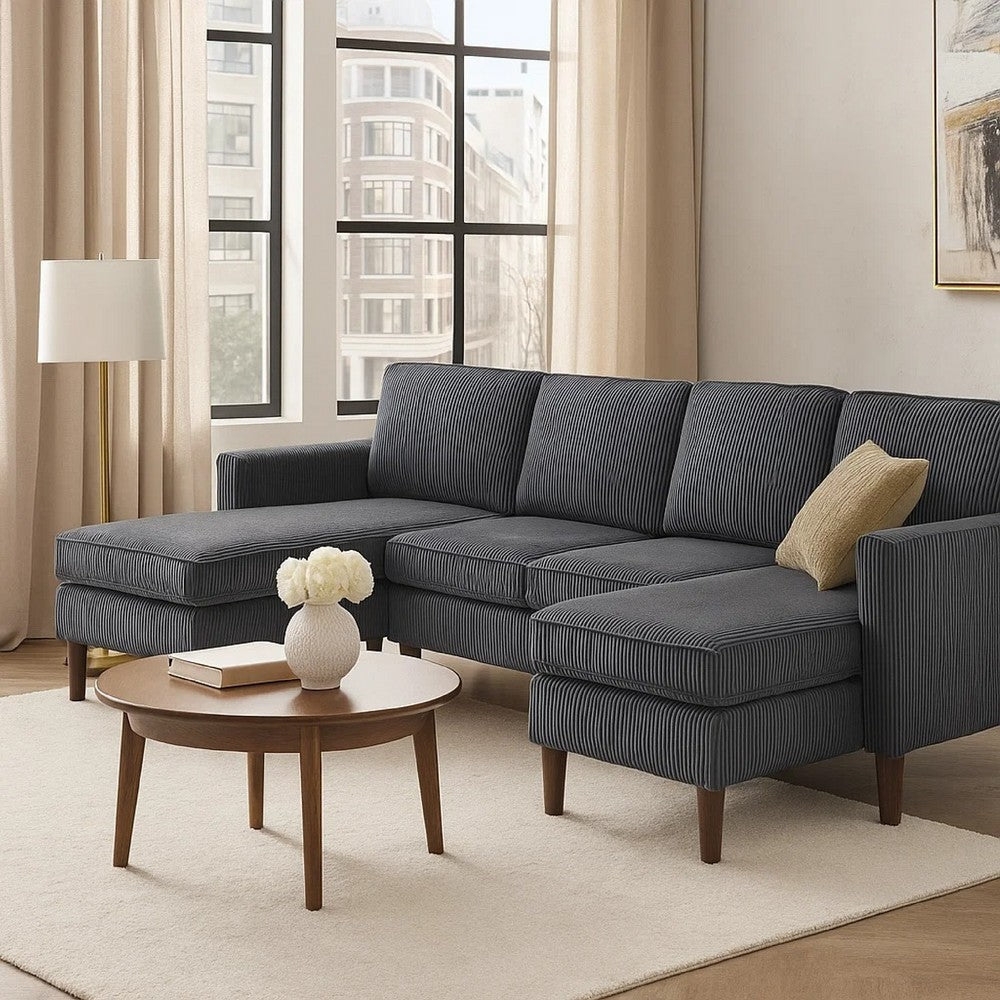 Nyla All-In-One Sectional Sofa Set w Double Chaise | Dark Gray Corduroy