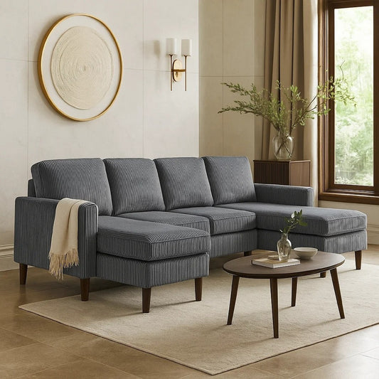 Nyla All-In-One Sectional Sofa Set w Double Chaise | Dark Gray Corduroy