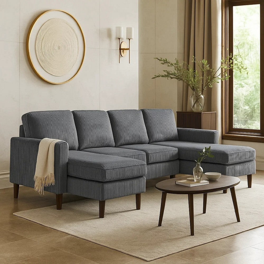 Nyla All-In-One Sectional Sofa Set w Double Chaise | Dark Gray Corduroy