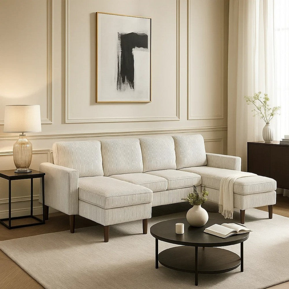 Nyla All-In-One Sectional Sofa Set w Double Chaise | Beige Corduroy