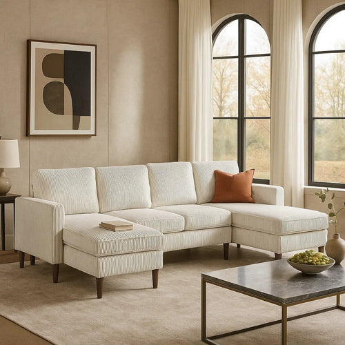 Nyla All-In-One Sectional Sofa Set w Double Chaise | Beige Corduroy