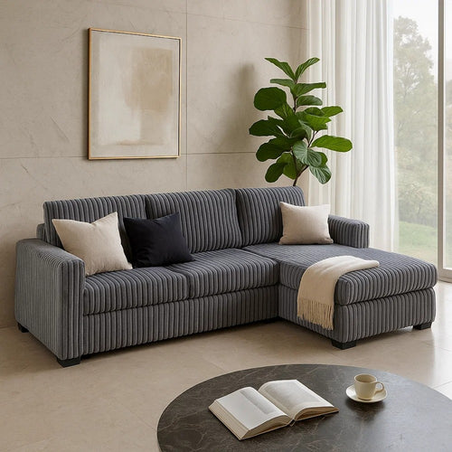 Leah All-In-One Chaise Sectional Sofa | Wide Track Arms | Gray Corduroy
