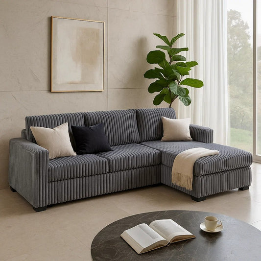 Leah All-In-One Chaise Sectional Sofa | Wide Track Arms | Gray Corduroy