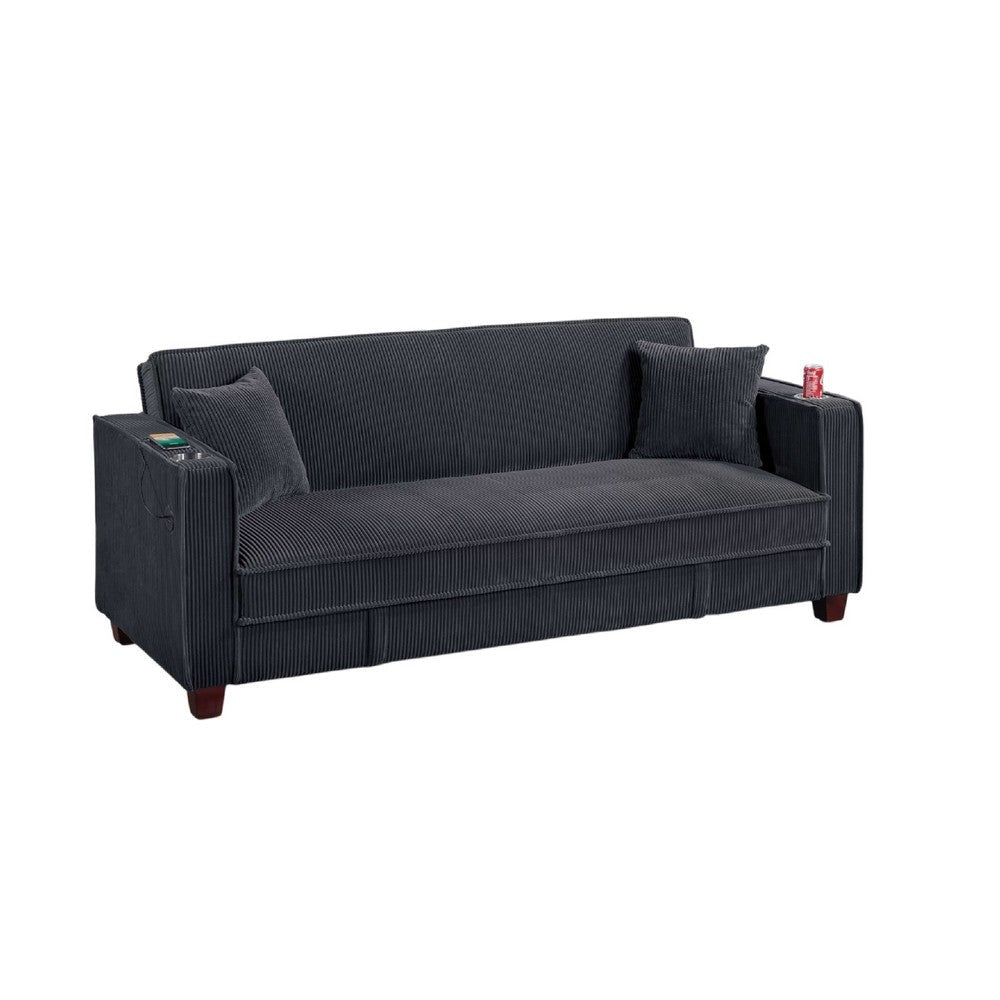Lucy Sofa Bed w USB Ports | 2 Pillows | Black Corduroy | Cupholders