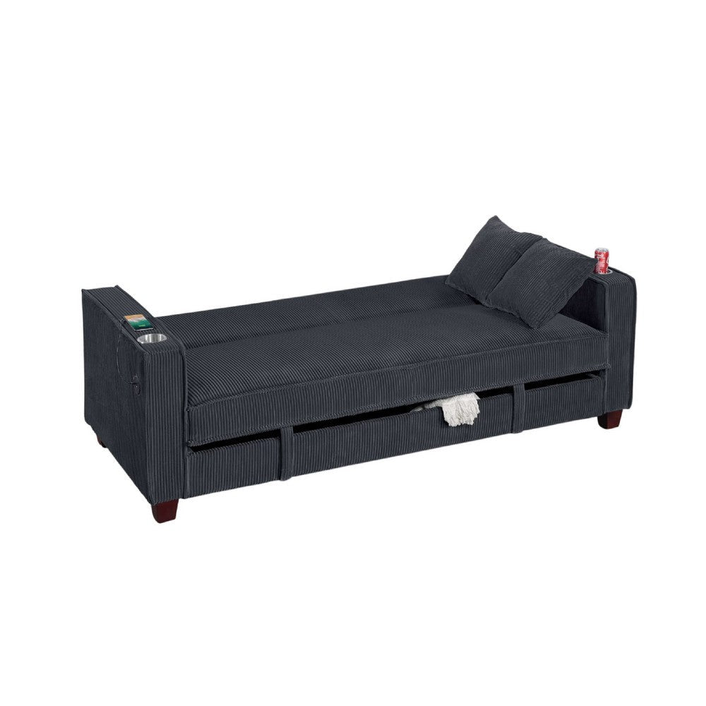 Lucy Sofa Bed w USB Ports | 2 Pillows | Black Corduroy | Cupholders BM341094