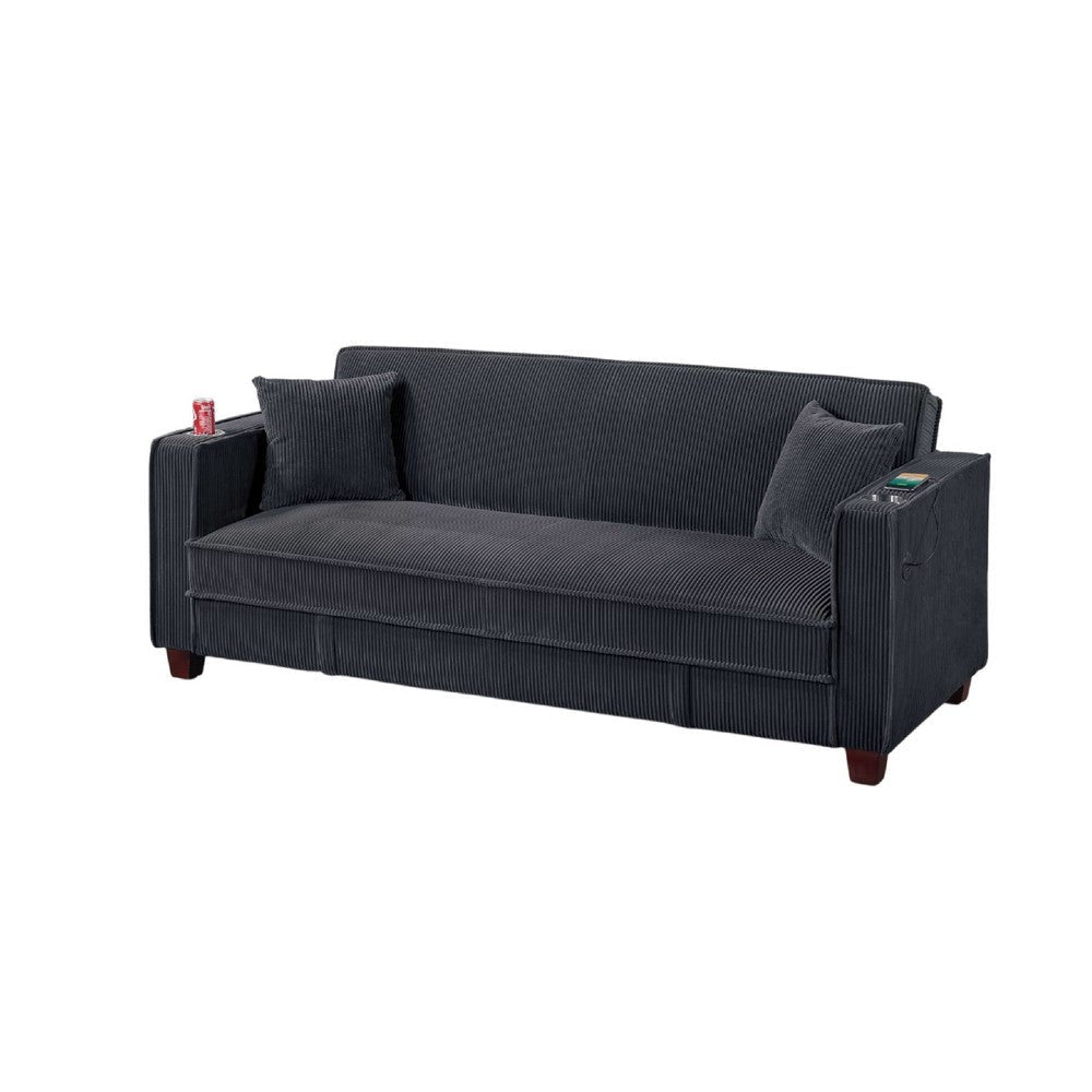 Lucy Sofa Bed w USB Ports | 2 Pillows | Black Corduroy | Cupholders BM341094