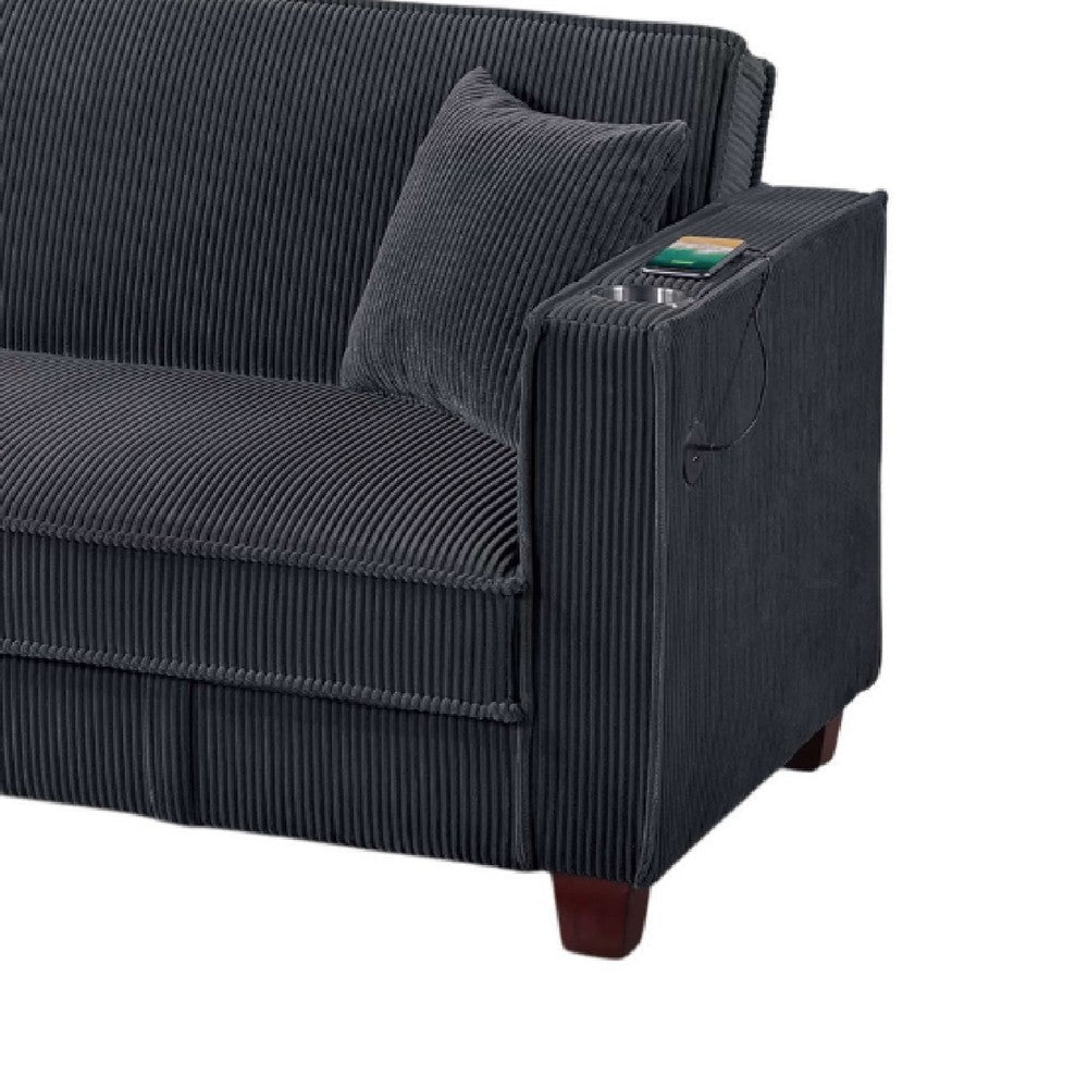 Lucy Sofa Bed w USB Ports | 2 Pillows | Black Corduroy | Cupholders BM341094