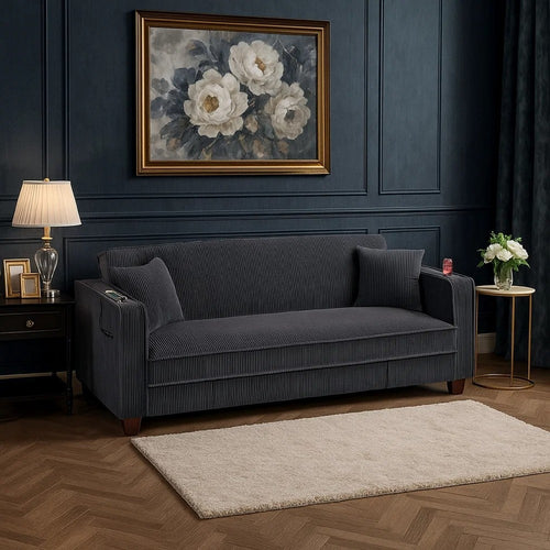 Lucy Sofa Bed w USB Ports | 2 Pillows | Black Corduroy | Cupholders