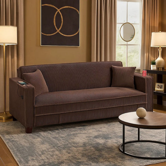 Lucy Sofa Bed w USB Ports | 2 Pillows | Brown Corduroy | Cupholders